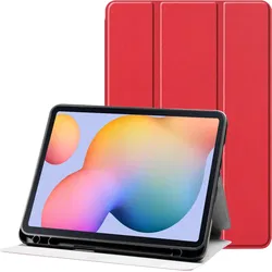 Samsung Galaxy Tab S6 Lite Hoes Luxe Tri-Fold Book Case Kunst Leer Rood afbeelding