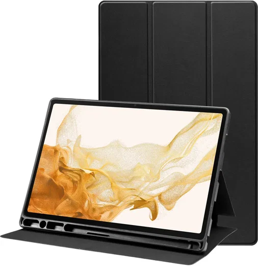Samsung Galaxy Tab S8+/S7+/S7 FE Hoes Luxe Tri-Fold Book Case Kunst Leer Zwart afbeelding 1