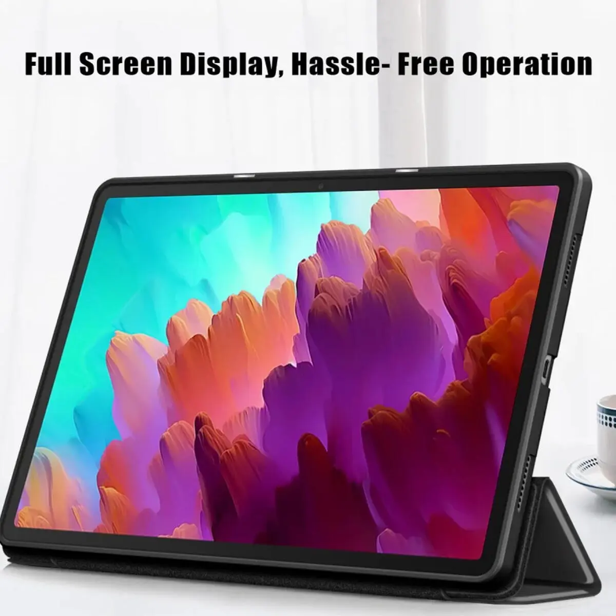 Lenovo Tab P12 Hoes Luxe Tri-Fold Book Case Kunst Leer Zwart afbeelding 3