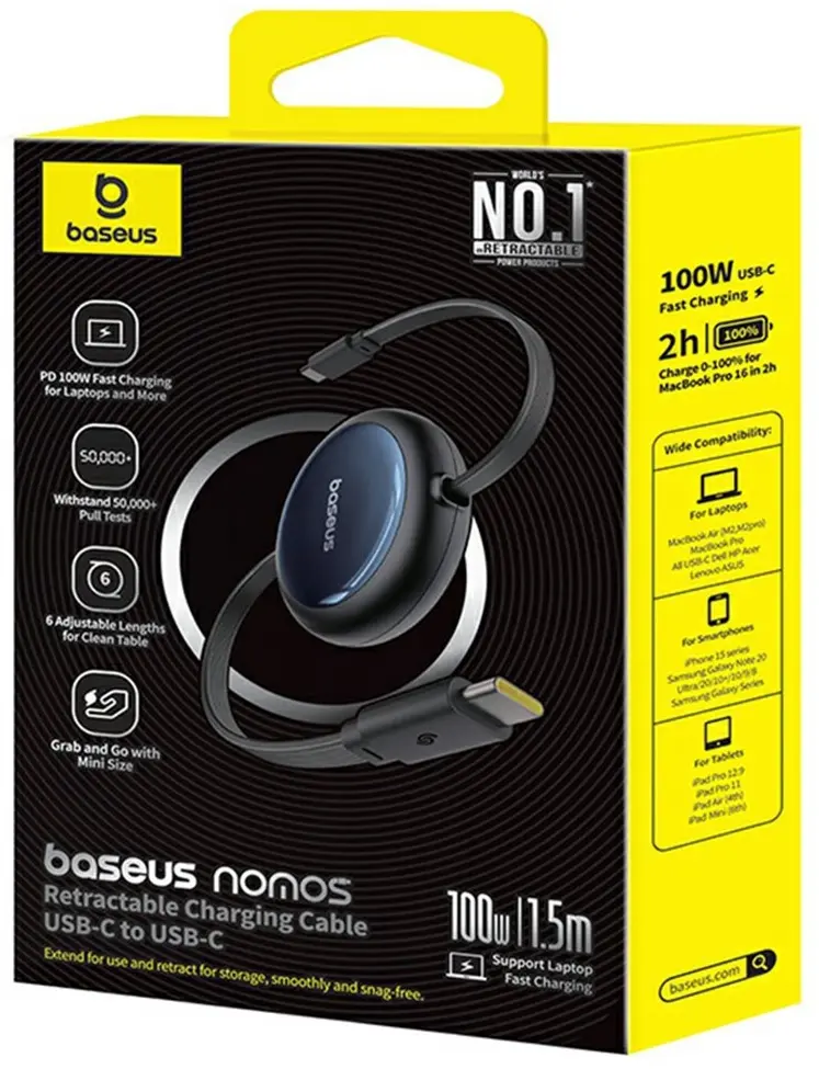 Baseus Nomos Oprolbare USB-C naar USB-C Kabel 100W PD 1.5M Zwart afbeelding 10