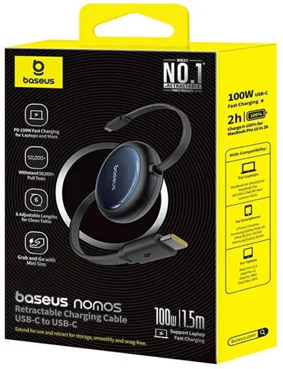 Baseus Nomos Oprolbare USB-C naar USB-C Kabel 100W PD 1.5M Zwart afbeelding 10