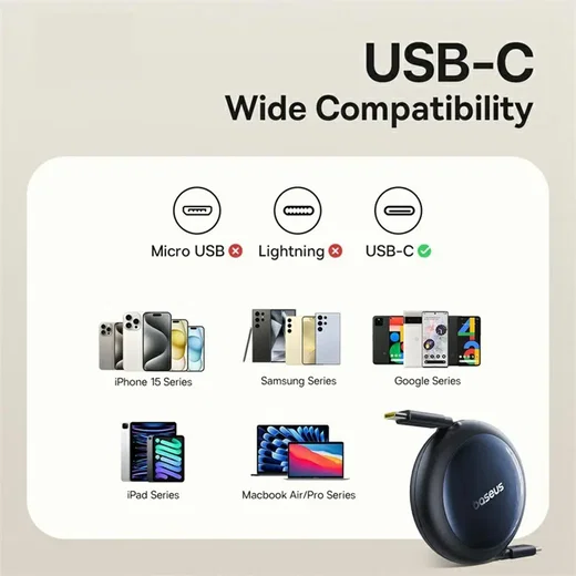Baseus Nomos Oprolbare USB-C naar USB-C Kabel 100W PD 1.5M Zwart afbeelding 8