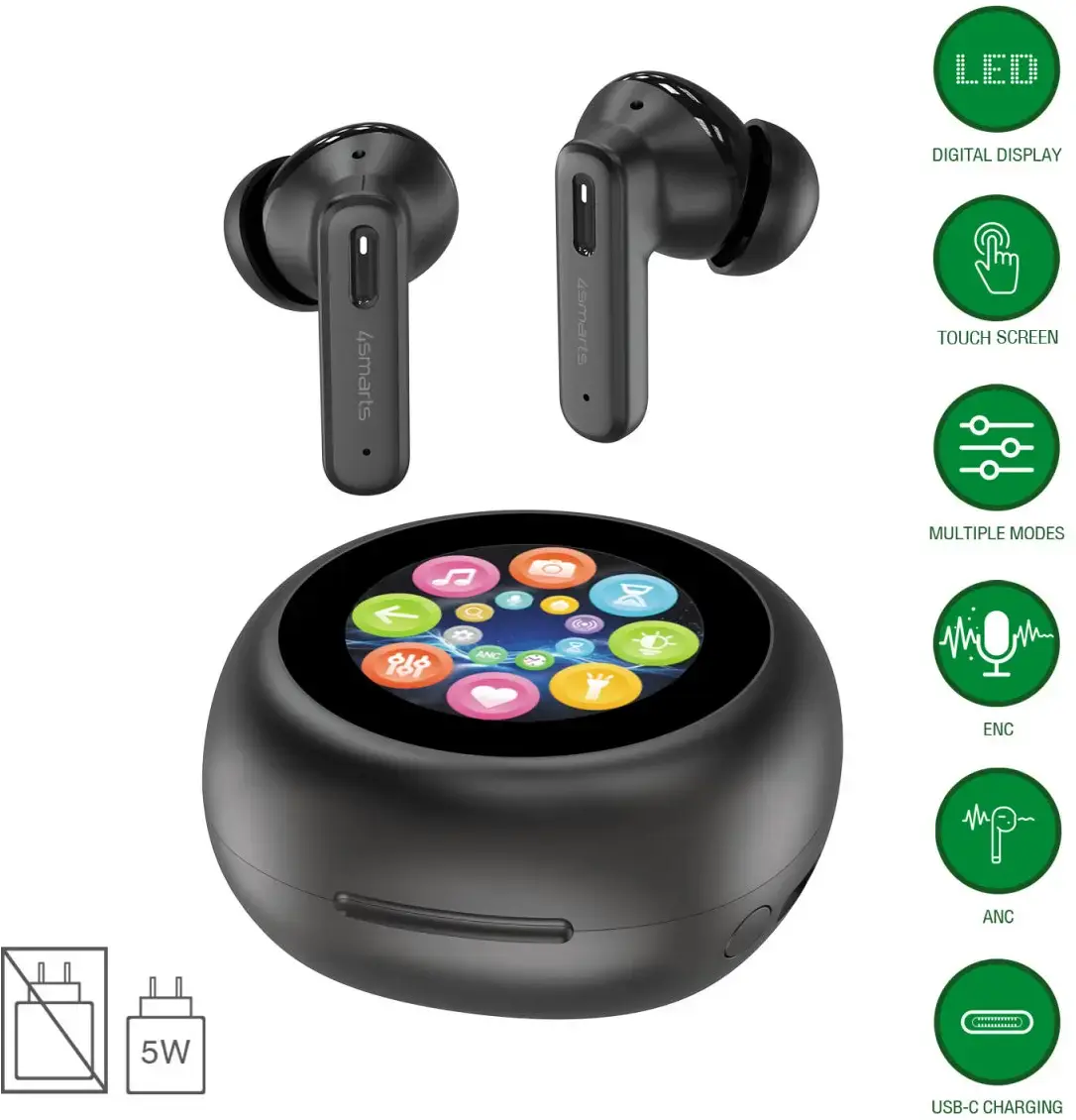 4smarts SkyBuds Screen ANC TWS Headset Draadloze Oordopjes Zwart afbeelding 2