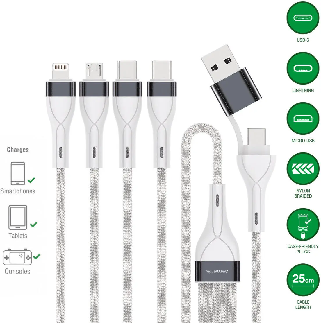 4smarts 4in2 Multi oplaadkabel 25cm Wit afbeelding 3