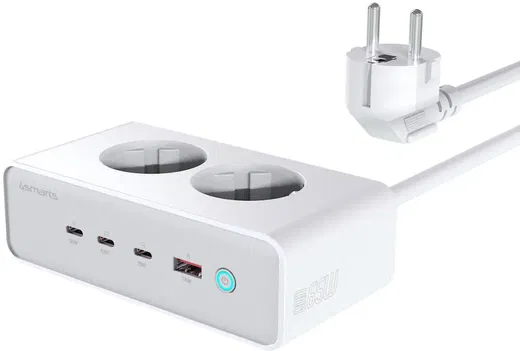 4smarts Oplaad Station Bureau GaN 65W 3X USB-C + 2X AC Stopcontact + USB-A Wit afbeelding 1