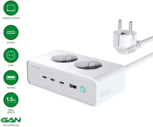 4smarts Oplaad Station Bureau GaN 65W 3X USB-C + 2X AC Stopcontact + USB-A Wit afbeelding 2