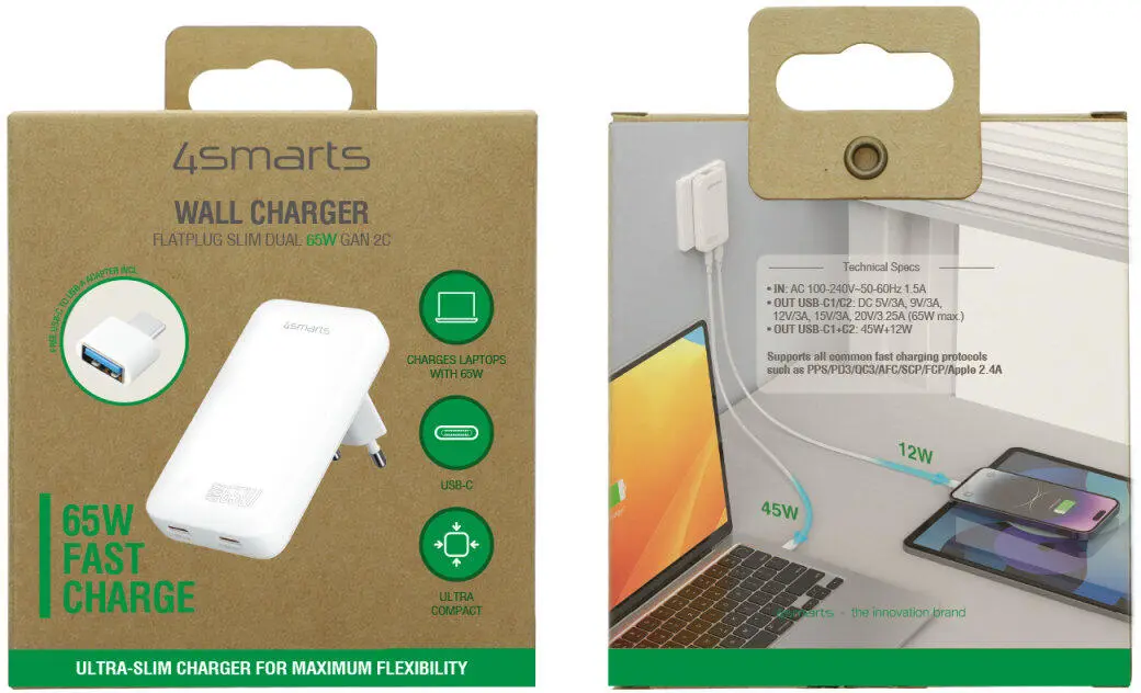4smarts FlatPlug 65W Power Delivery Dual Quick Charge USB-C Oplader Wit afbeelding 7