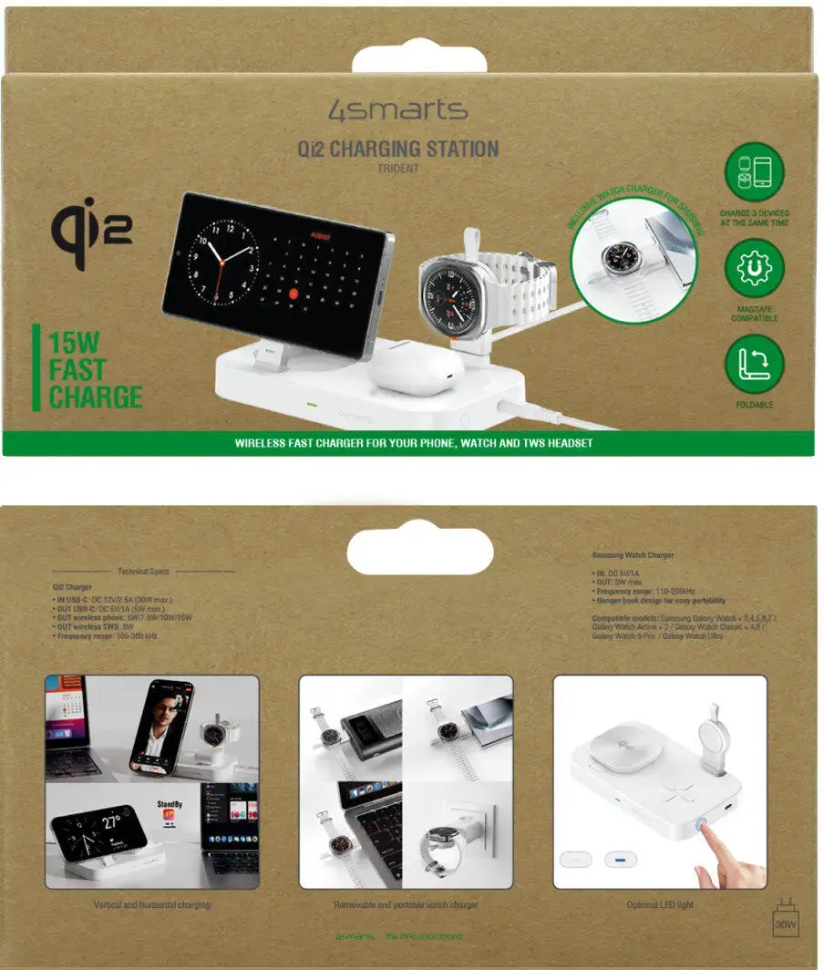 4smarts 3-in-1 Qi2/MagSafe Draadloze Oplader voor Telefoon/Samsung Watch/Oortjes afbeelding 9