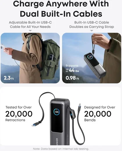 Anker (165W) Laptop/MacBook 25.000 mAh Powerbank Ingebouwde USB-C Kabels Grijs afbeelding 7