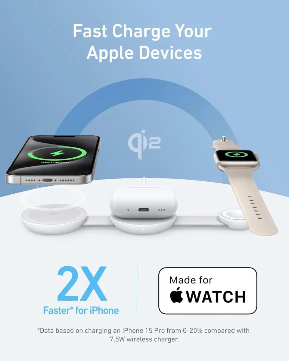 Anker MagGo (15W) 3-in-1 Draadloze MagSafe / Qi2 Oplader Wit afbeelding 4