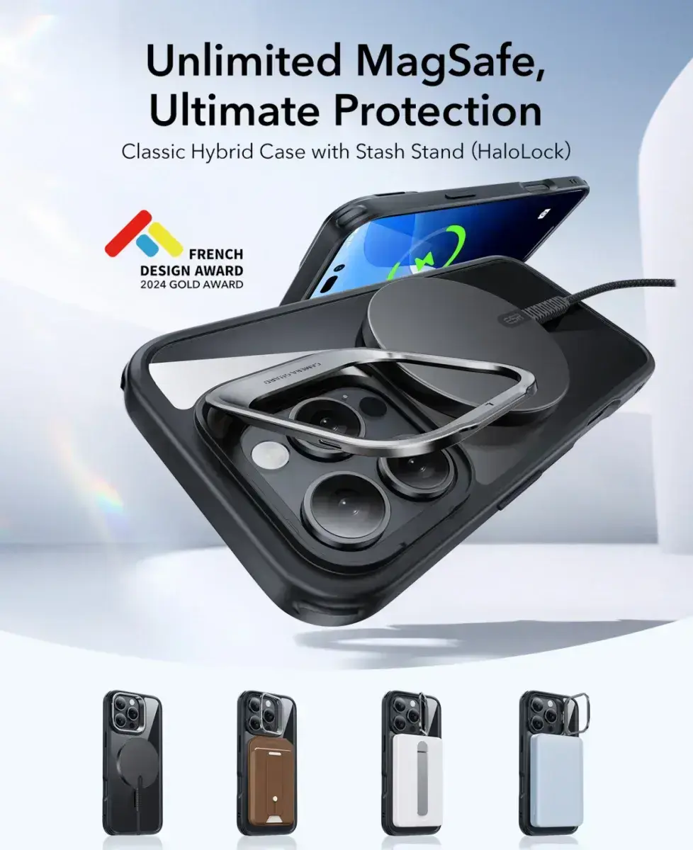 ESR Classic Hybrid MagSafe iPhone 16 Pro Max Hoes Stand Camera Knop Clear Zwart afbeelding 2