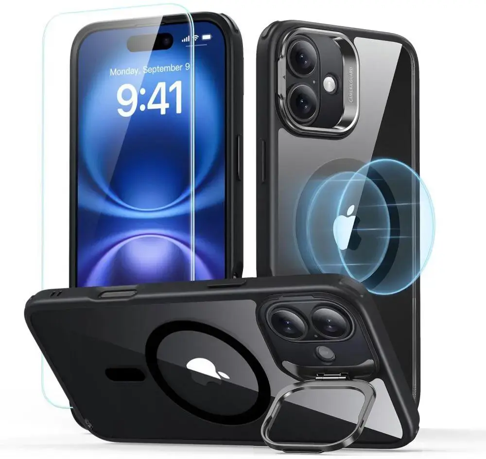 ESR Classic Hybrid iPhone 16 Hoesje met Kickstand + Protector Transparant Zwart afbeelding 1