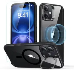 ESR Classic Hybrid iPhone 16 Hoesje met Kickstand + Protector Transparant Zwart afbeelding