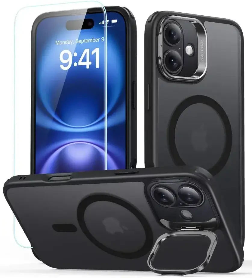 ESR Classic Hybrid iPhone 16 Hoesje met Kickstand + Protector Frosted Zwart afbeelding 1