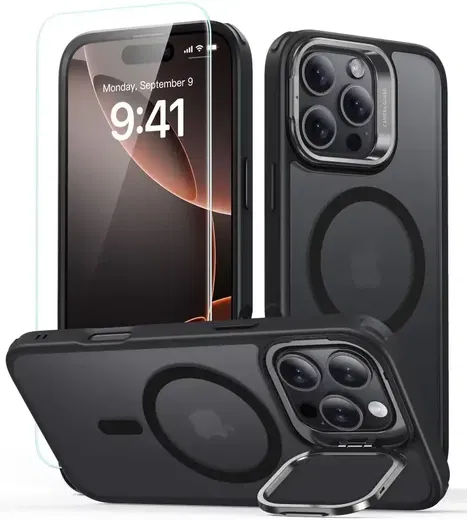 ESR Classic Hybrid iPhone 16 Pro Max Hoesje Kickstand + Protector Frosted Zwart afbeelding 1