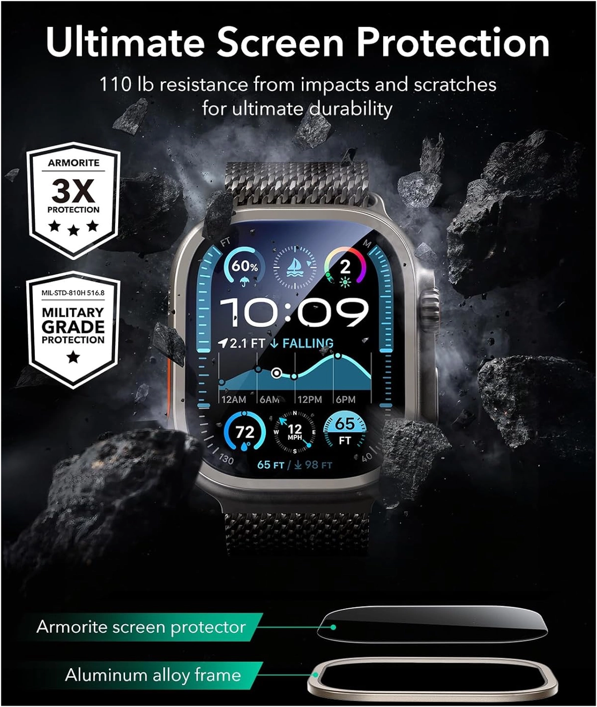 ESR Armorite - Apple Watch Ultra 3/2/1 Tempered Glass - Titanium (2-Pack) afbeelding 3