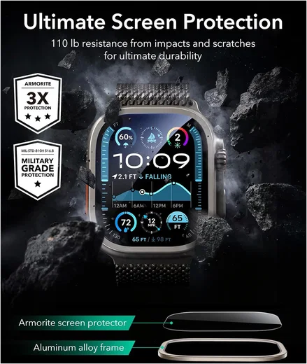ESR Armorite - Apple Watch Ultra 3/2/1 Tempered Glass - Titanium (2-Pack) afbeelding 3