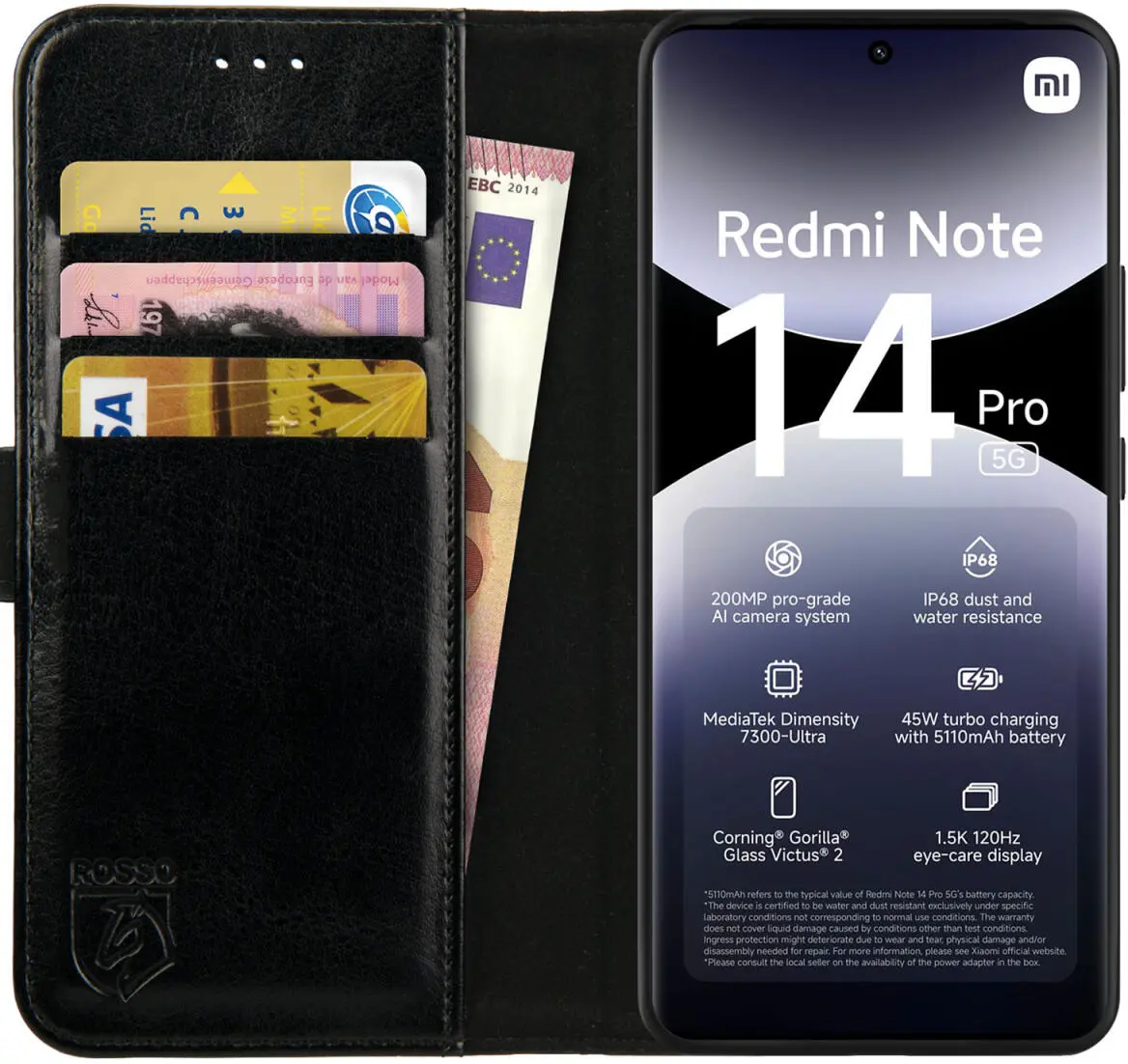 Rosso Element Xiaomi Redmi Note 14 Pro 5G Hoesje Book Case Wallet Zwart afbeelding 1