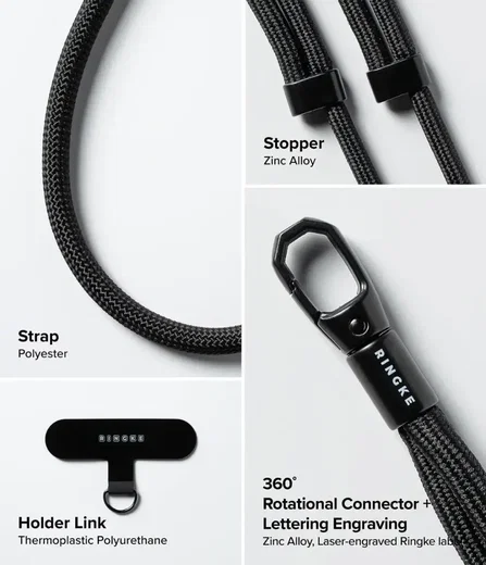 Ringke Holder Link & Flow Shoulder Strap - Universeel Telefoonkoord Zwart afbeelding 5