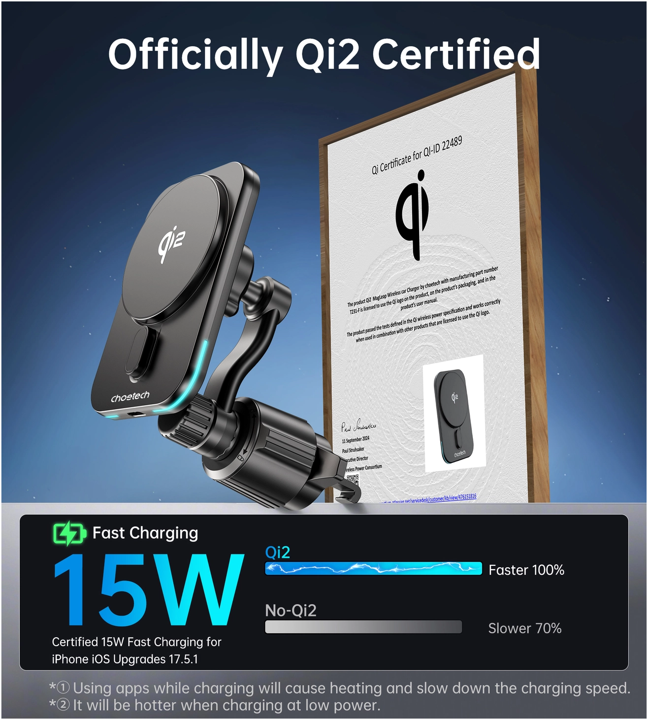 Choetech MagLeap Qi2 15W MagSafe Telefoonhouder Auto met Draadloos Opladen 15W afbeelding 2