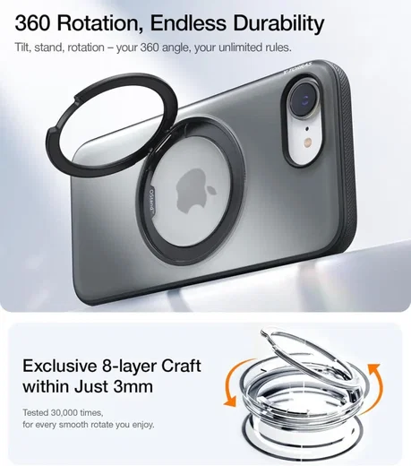 TORRAS Ostand Spin Apple iPhone 17e / 16e Hoesje 360° MagSafe Stand Zwart afbeelding 4