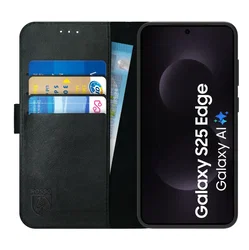 Rosso Deluxe Samsung Galaxy S25 Edge Hoesje Echt Leer Book Case Zwart afbeelding
