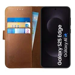 Rosso Deluxe Samsung Galaxy S25 Edge Hoesje Echt Leer Book Case Bruin afbeelding
