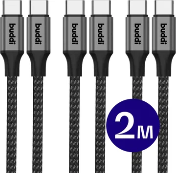 Buddi Flex USB-C naar USB-C Kabel 60W Fast Charge 2M Zwart - 3-pack