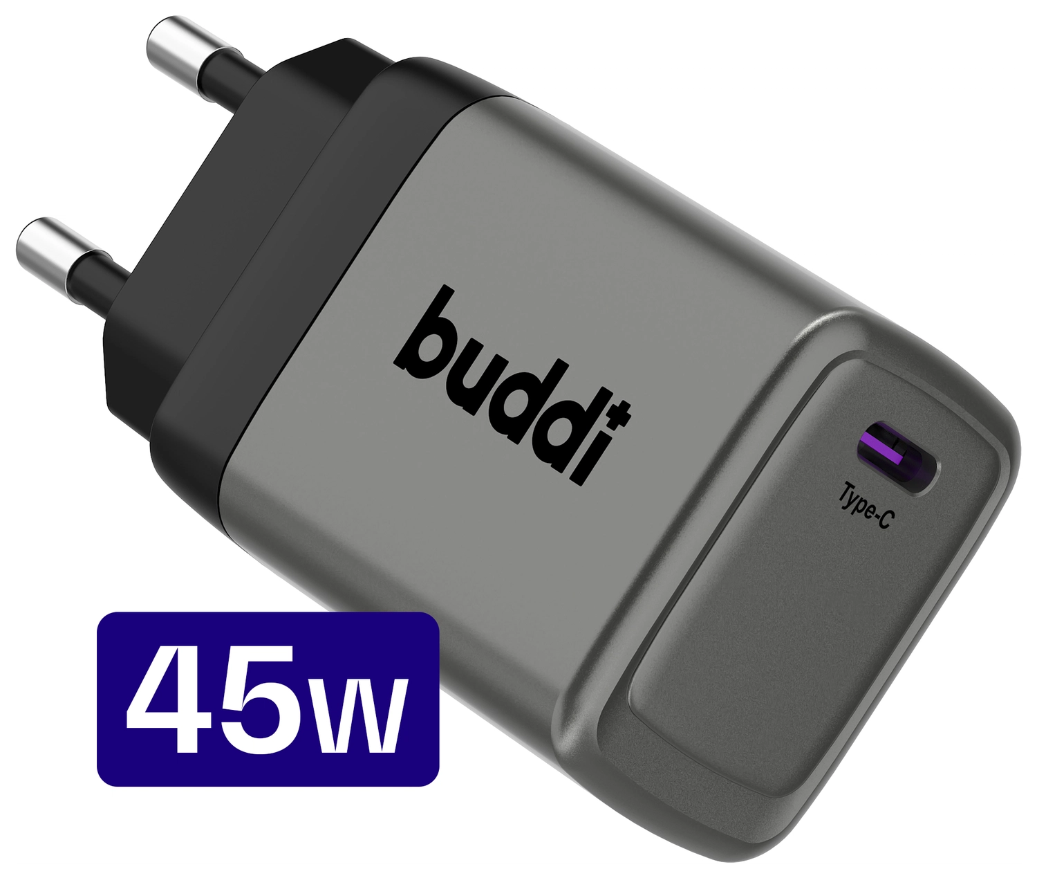 Buddi Power 45W Power Adapter Fast Charge USB-C Snellader Grijs afbeelding 1