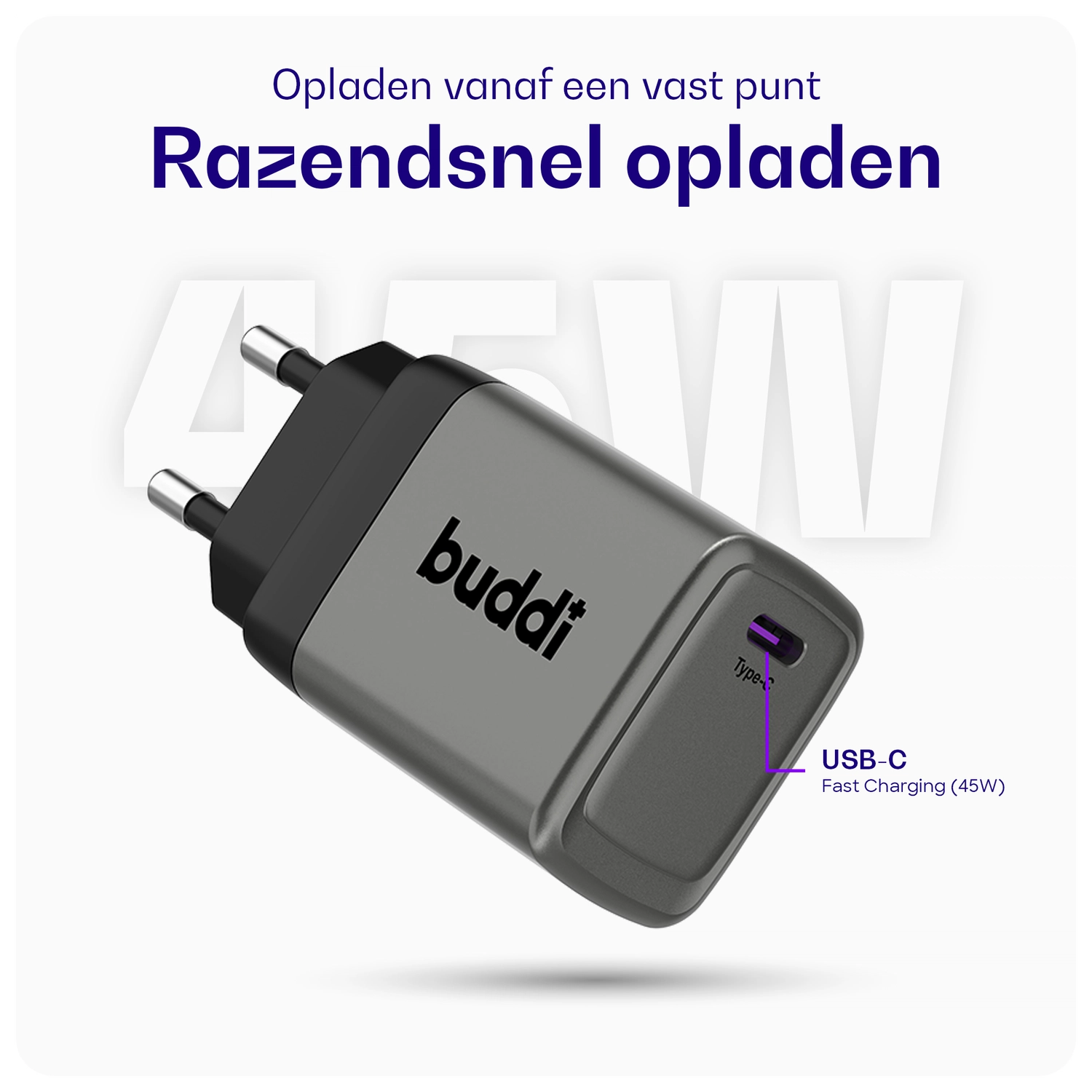 Buddi Power 45W Power Adapter Fast Charge USB-C Snellader Grijs afbeelding 3