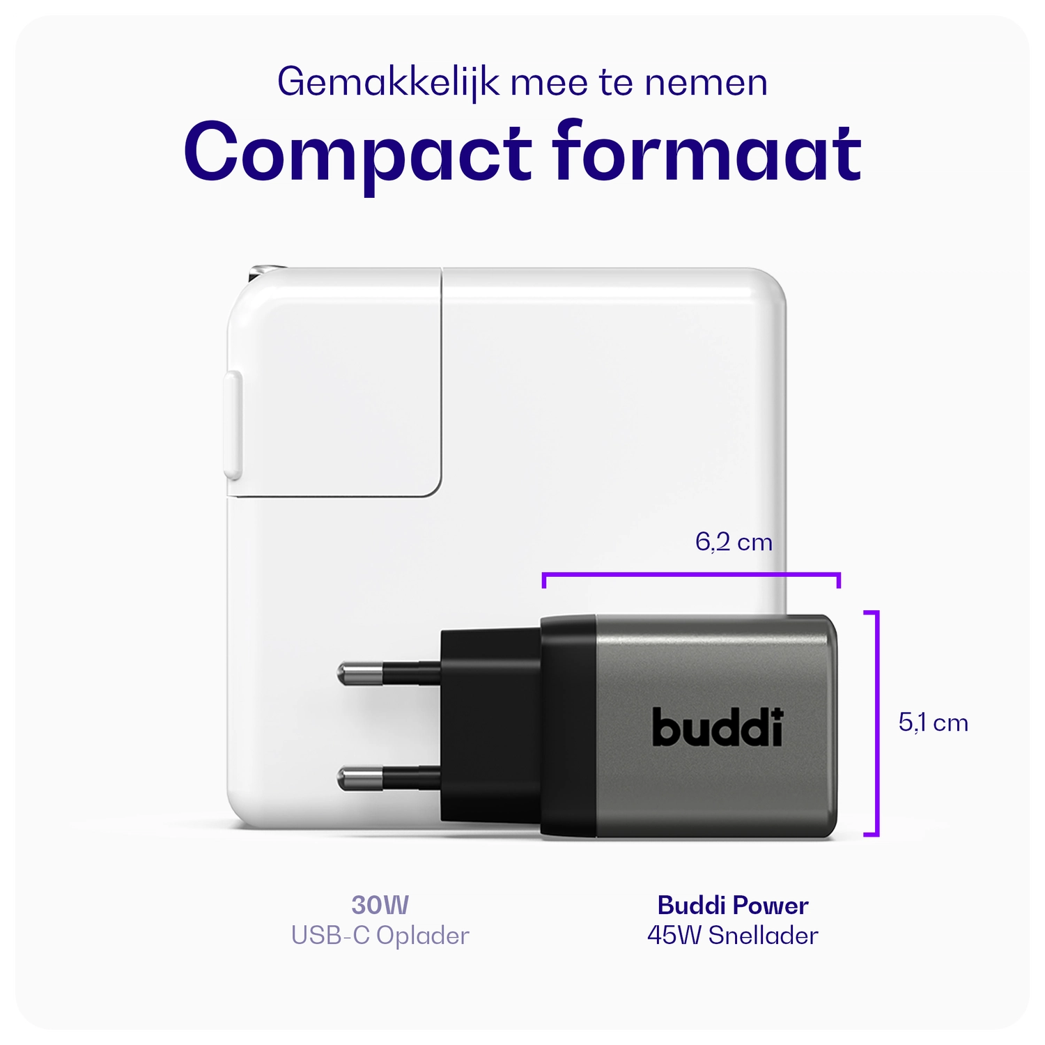 Buddi Power 45W Power Adapter Fast Charge USB-C Snellader Grijs afbeelding 4