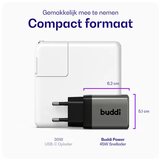 Buddi Power 45W Power Adapter Fast Charge USB-C Snellader Grijs afbeelding 4
