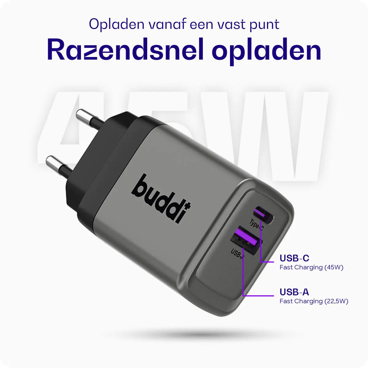Buddi Power 45W Power Adapter Fast Charge USB-C + USB-A Snellader Grijs afbeelding 3