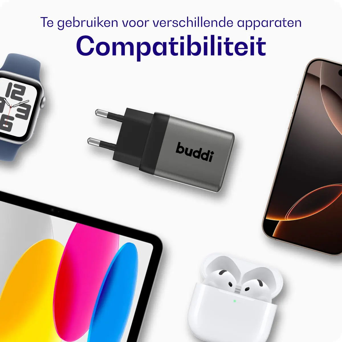 Buddi Power 45W Power Adapter Fast Charge USB-C + USB-A Snellader Grijs afbeelding 6