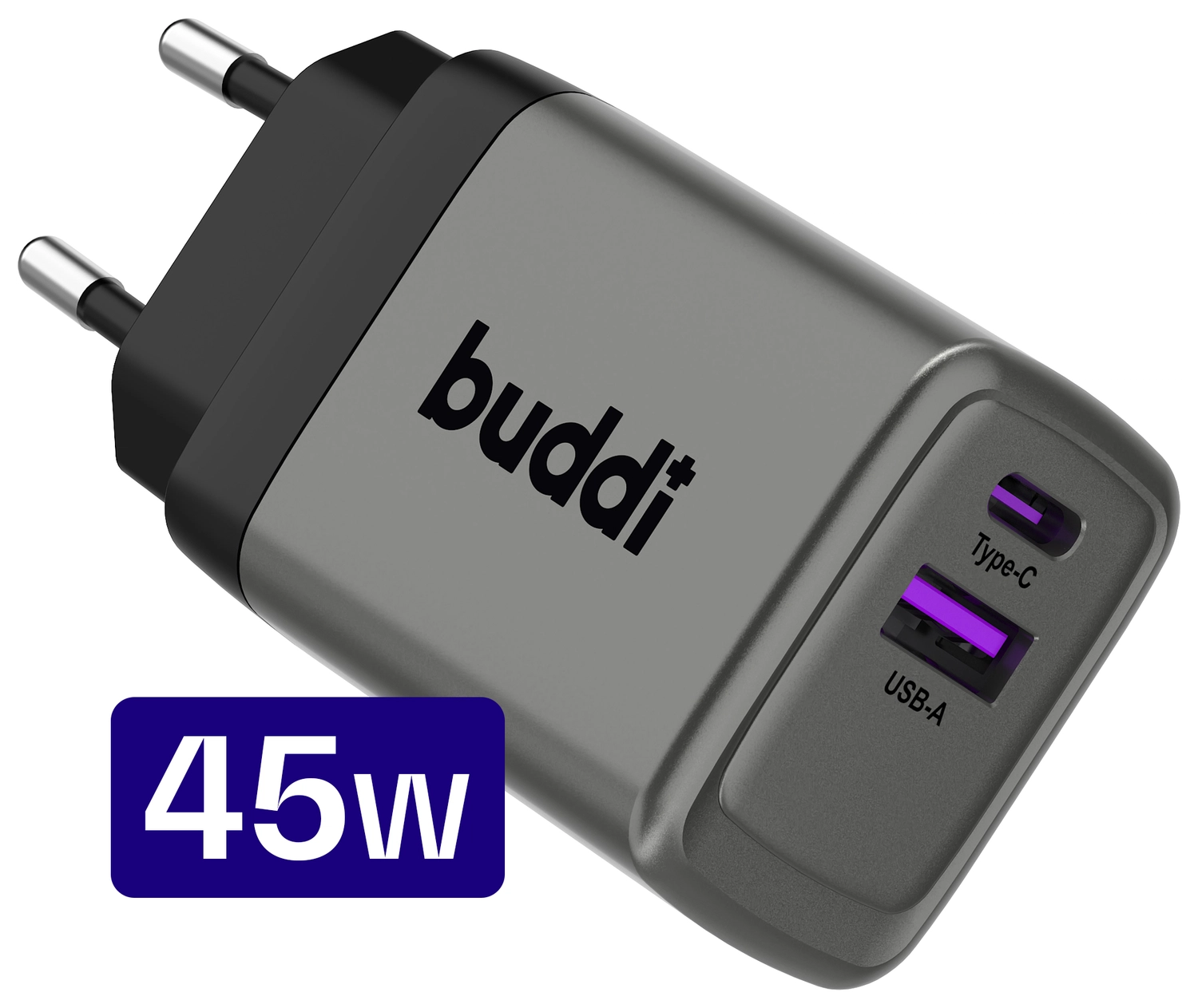 Buddi Power 45W Power Adapter Fast Charge USB-C + USB-A Snellader Grijs afbeelding 1