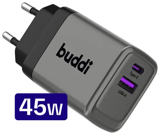 Buddi Power 45W Power Adapter Fast Charge USB-C + USB-A Snellader Grijs afbeelding 1