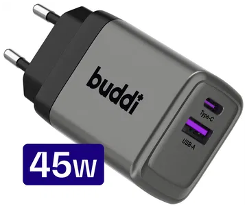 Buddi Power 45W Power Adapter Fast Charge USB-C + USB-A Snellader Grijs