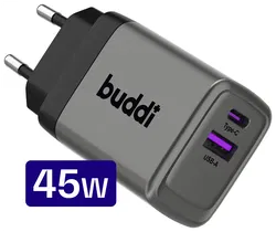 Buddi Power 45W Power Adapter Fast Charge USB-C + USB-A Snellader Grijs afbeelding