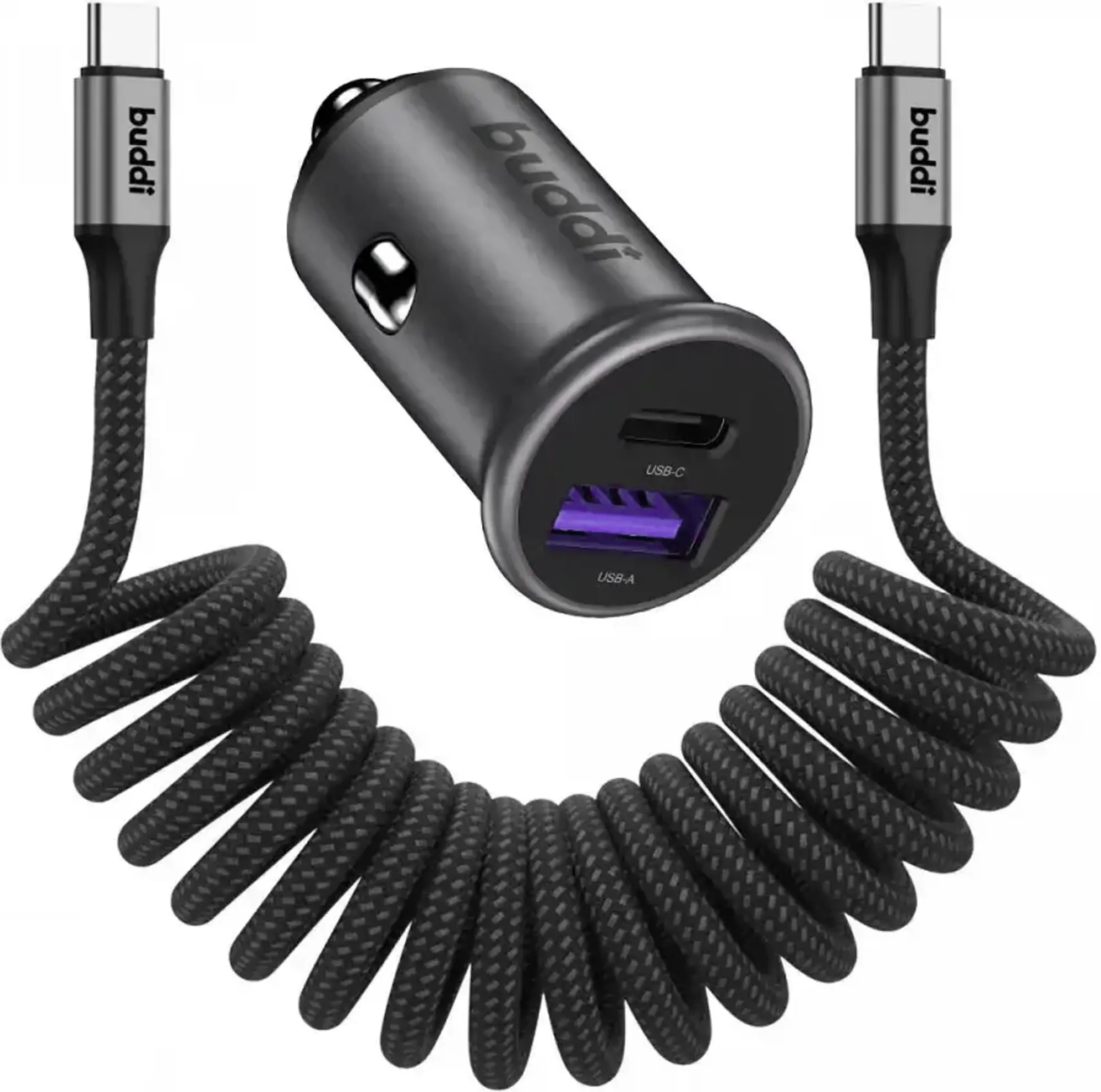 Buddi Power 45W USB-A / USB-C Autolader met USB-C naar USB-C Krulsnoer afbeelding 1