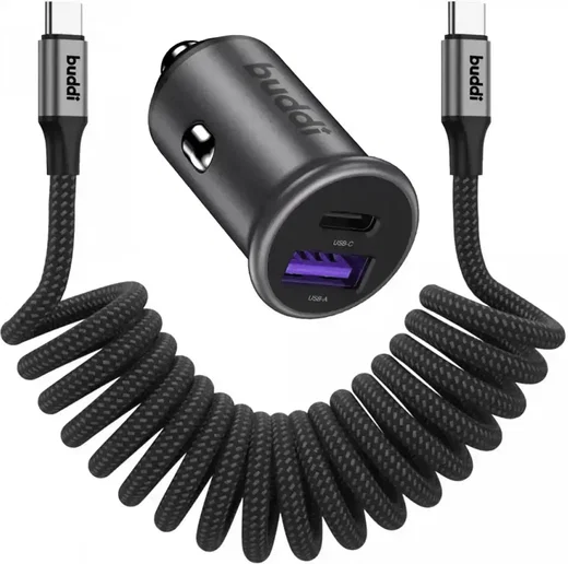 Buddi Power 45W USB-A / USB-C Autolader met USB-C naar USB-C Krulsnoer afbeelding 1
