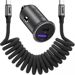 Buddi Power 45W USB-A / USB-C Autolader met USB-C naar USB-C Krulsnoer afbeelding