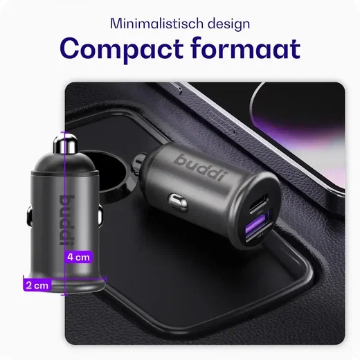 Buddi Power 45W USB-A / USB-C Autolader met USB-C naar USB-C Krulsnoer afbeelding 4