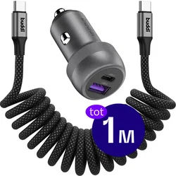 Buddi Power 89W USB-A / USB-C Autolader met USB-C naar USB-C Krulsnoer 1M afbeelding