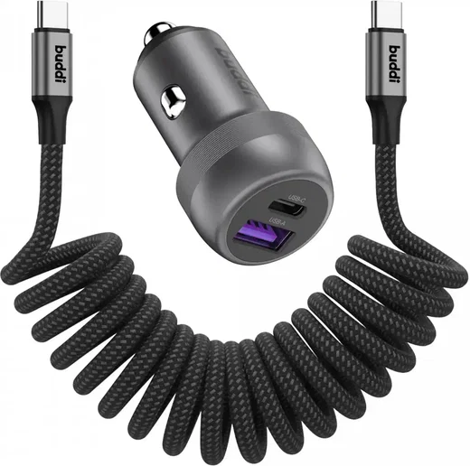 Buddi Power 89W USB-A / USB-C Autolader met USB-C naar USB-C Krulsnoer afbeelding 1