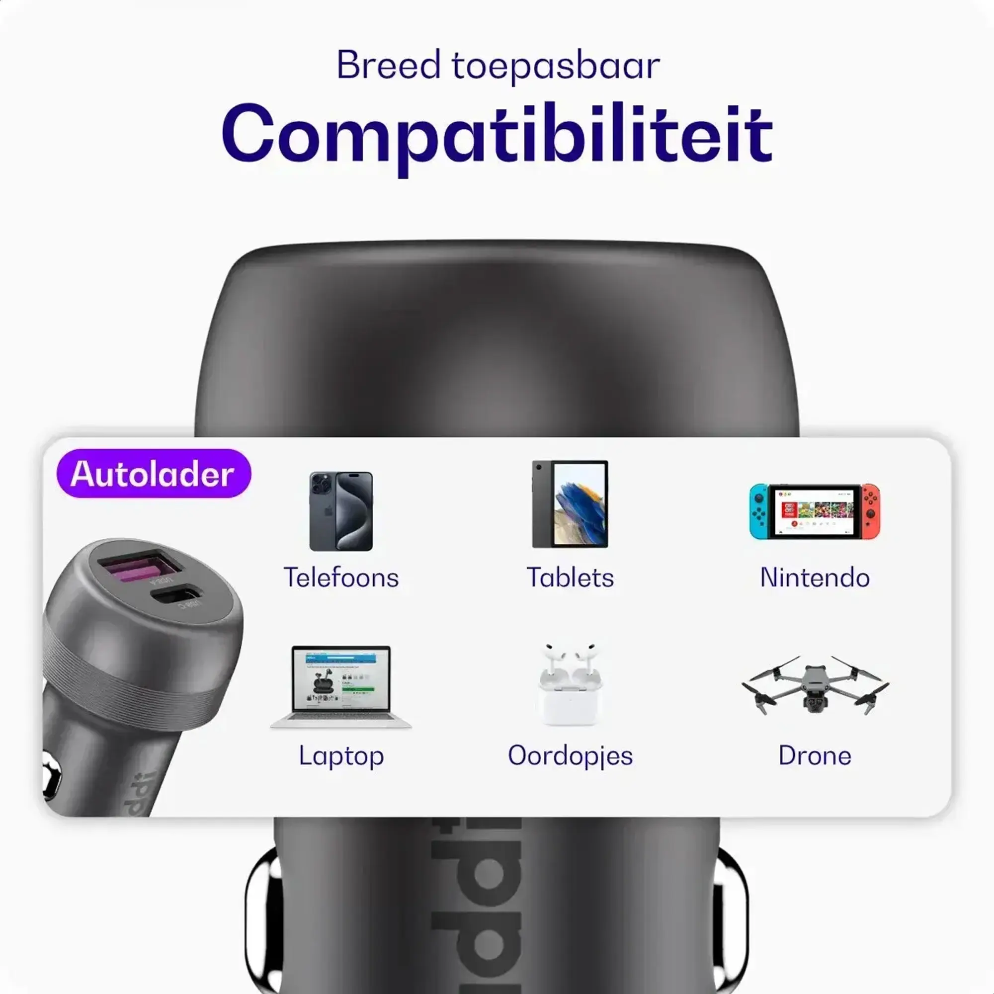 Buddi Power 89W USB-A / USB-C Autolader met USB-C naar USB-C Krulsnoer afbeelding 2