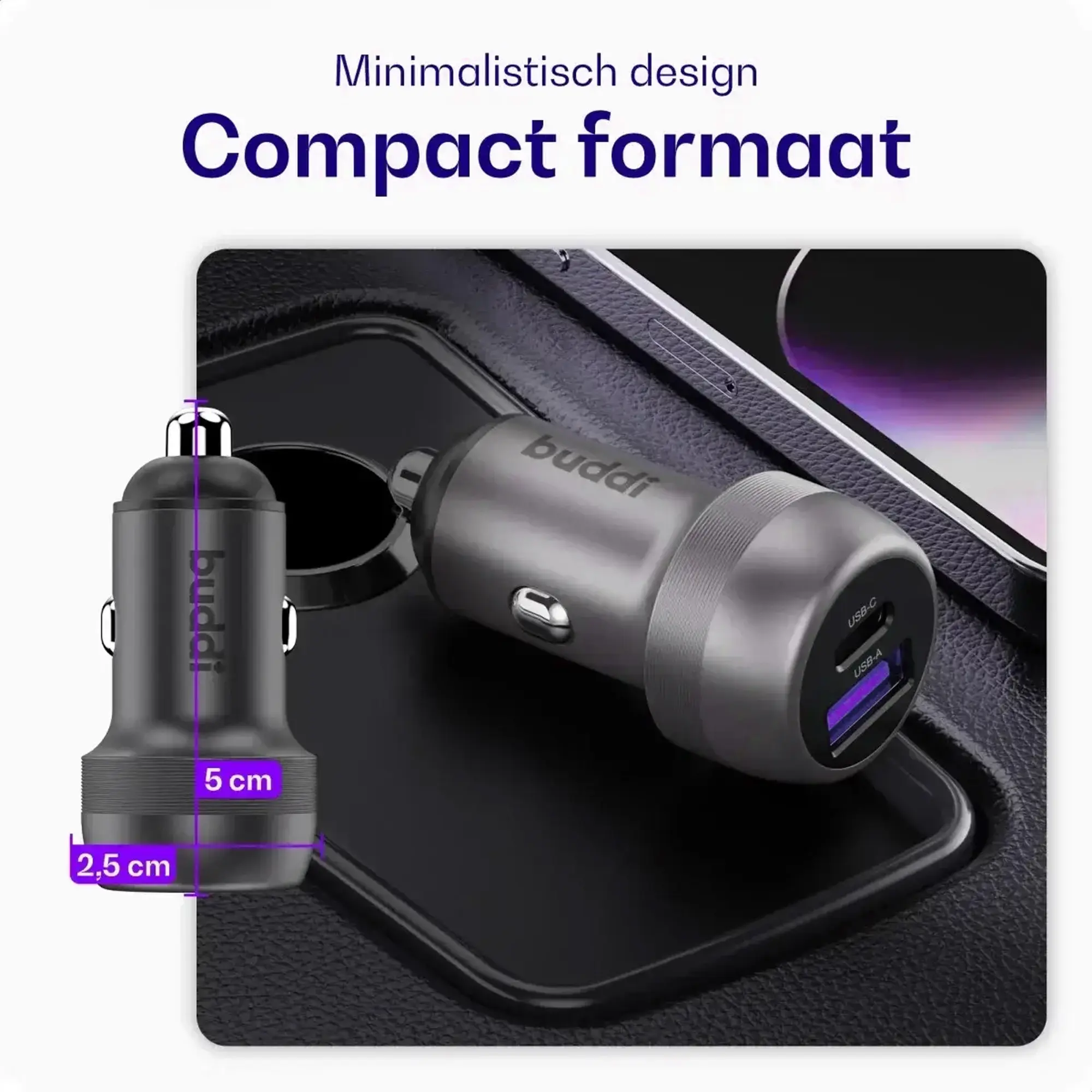 Buddi Power 89W USB-A / USB-C Autolader met USB-C naar USB-C Krulsnoer afbeelding 8