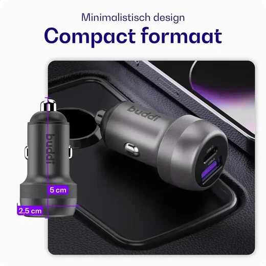 Buddi Power 89W USB-A / USB-C Autolader met USB-C naar USB-C Krulsnoer afbeelding 8