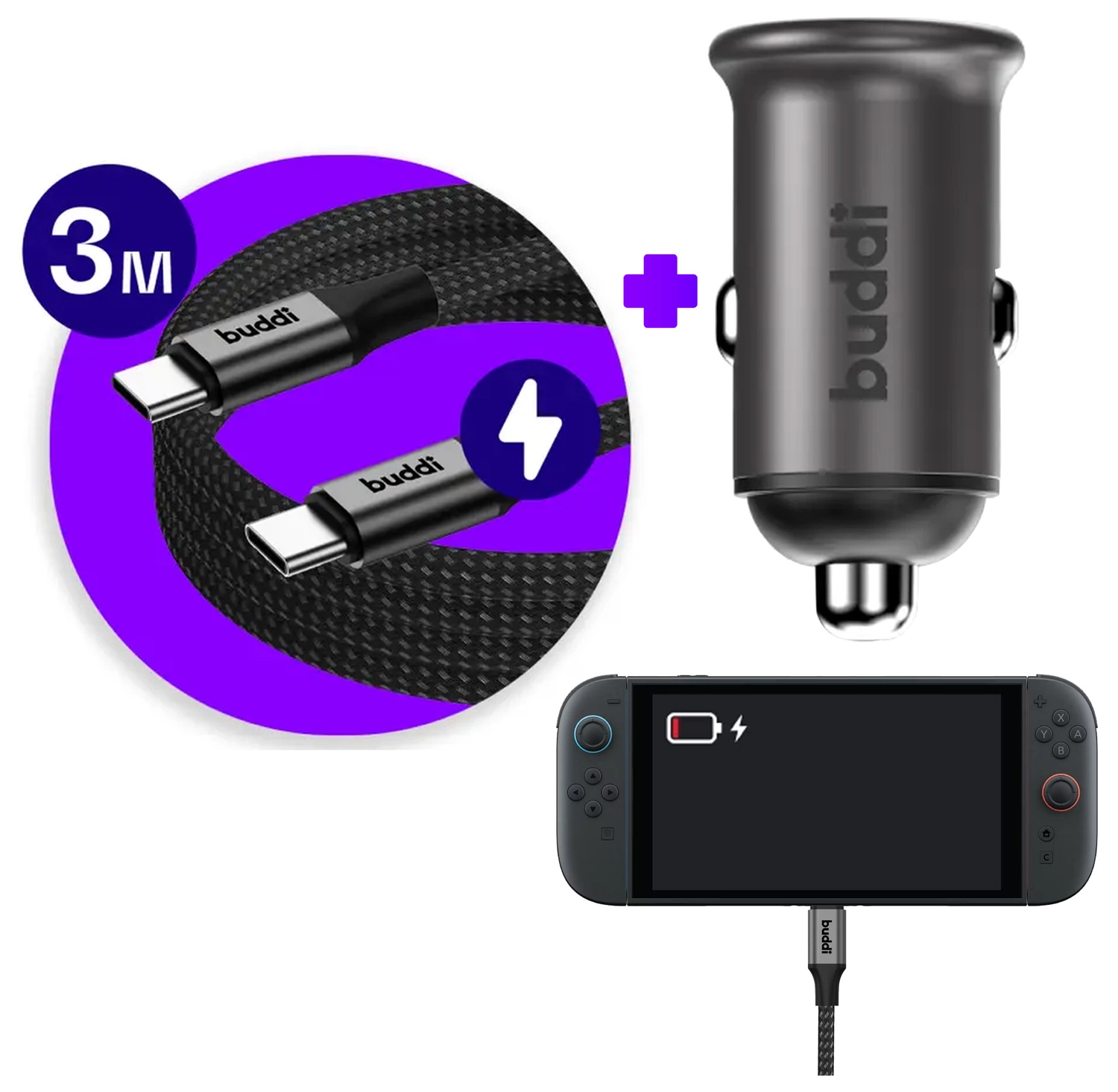 Nintendo Switch / Switch 2 - 45W Buddi Autolader met 3M USB-C naar USB-C kabel afbeelding 1