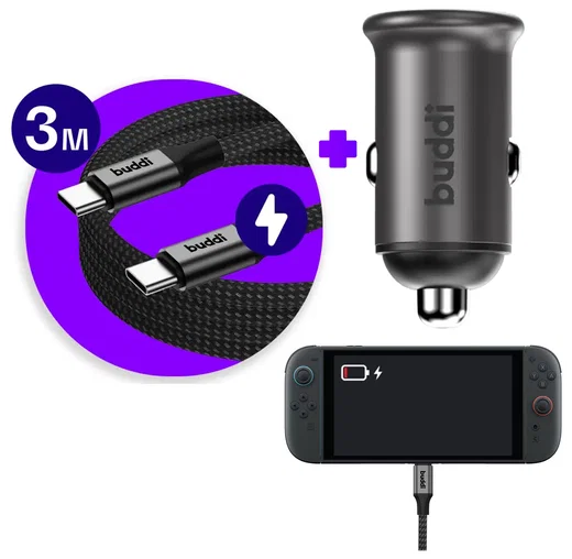 Nintendo Switch / Switch 2 - 45W Buddi Autolader met 3M USB-C naar USB-C kabel afbeelding 1