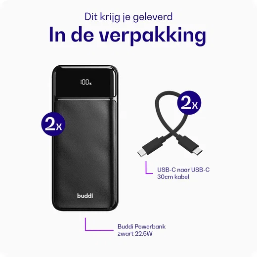 Buddi Boost 10.000 mAh Powerbank Met Display Duo Pack Zwart 22.5W afbeelding 12